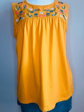 J. Crew Factory Women's Golden Yellow Embroidered Floral Yoke Sleeveless Top